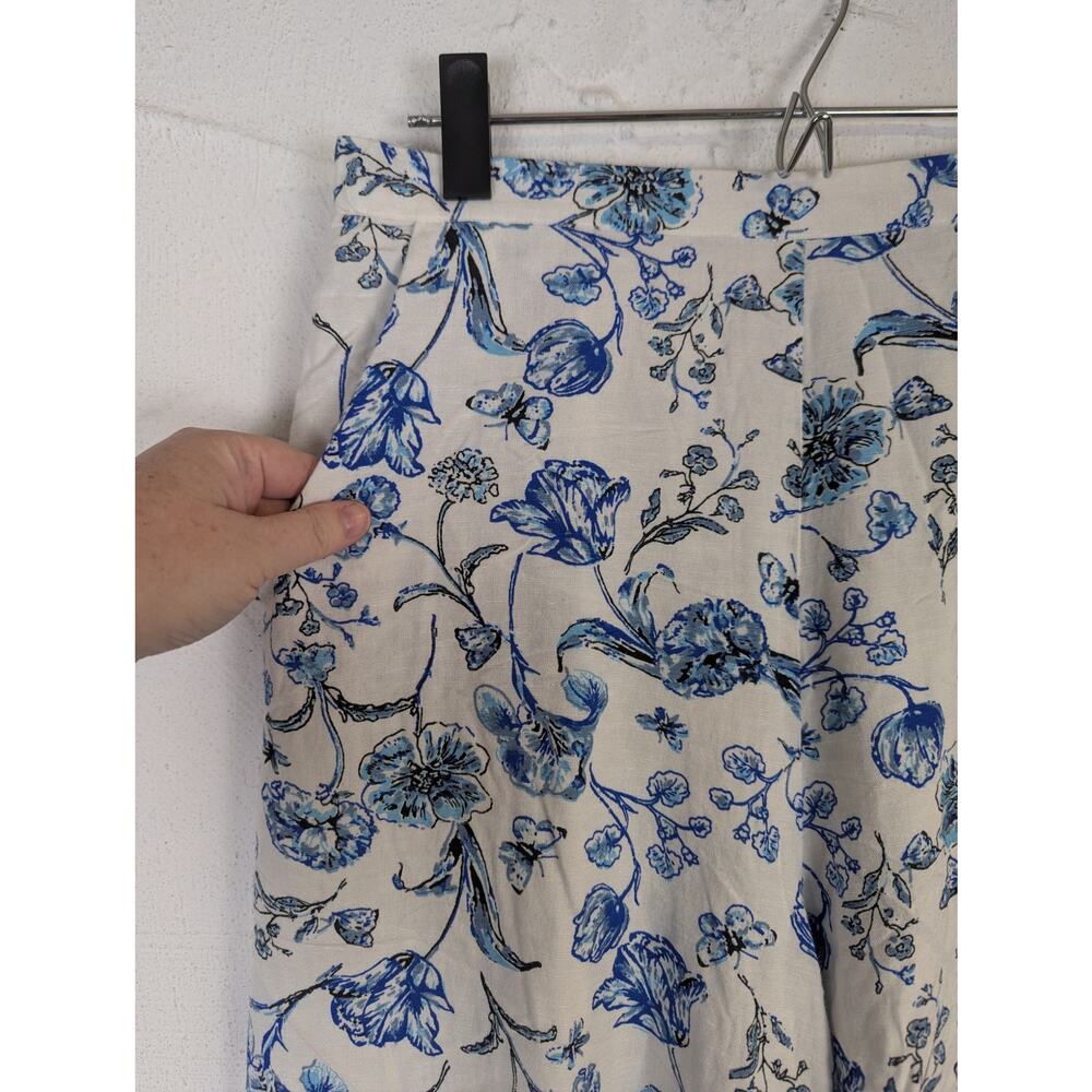 Wide Leg Palazzo Pants Blue Floral Boho Coastal Cotton Flax Cropped Womens Large - Picture 2 of 8